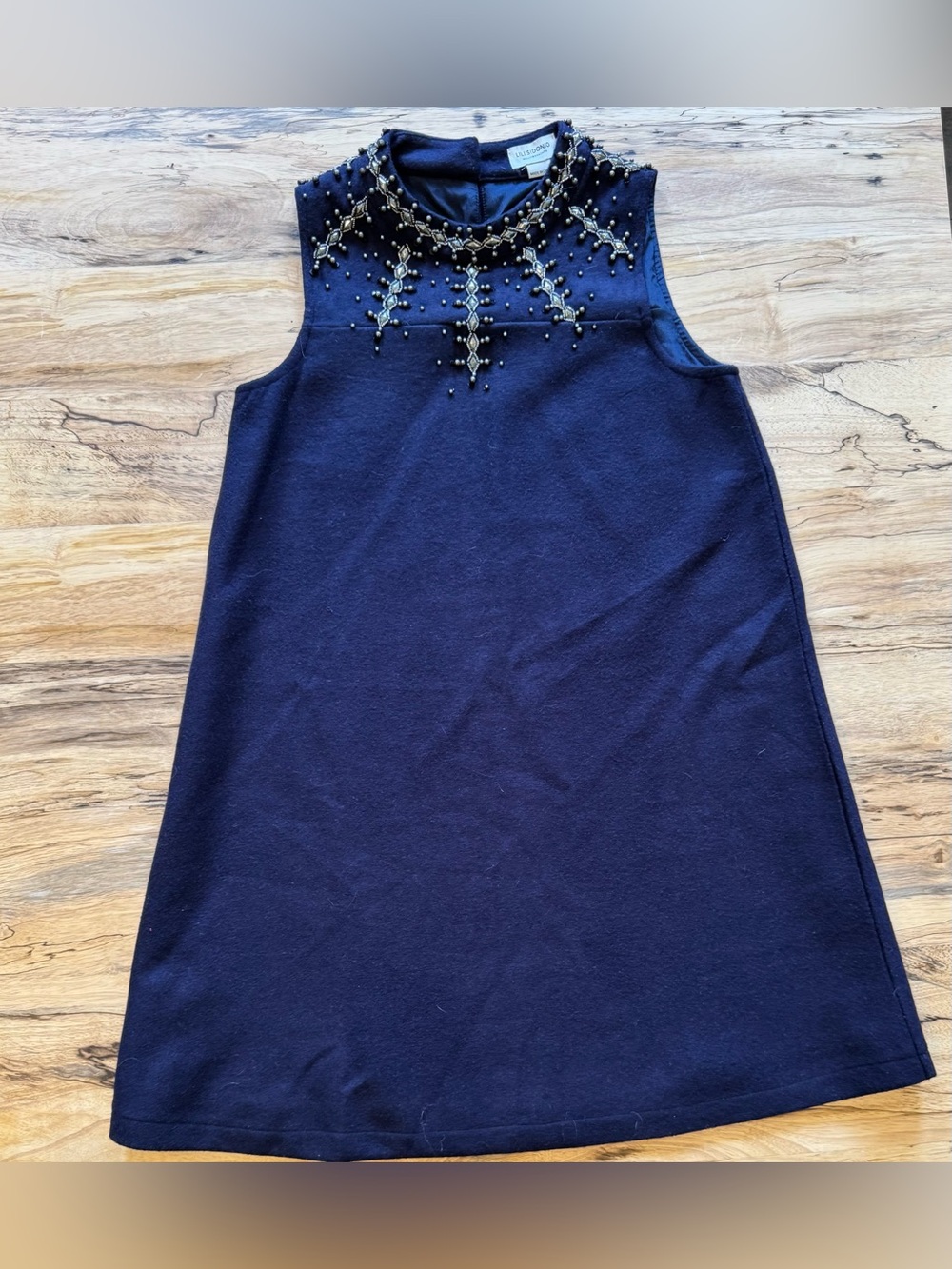 Lili Sidonio Embellished Navy Sleeveless Wool Shift Dress